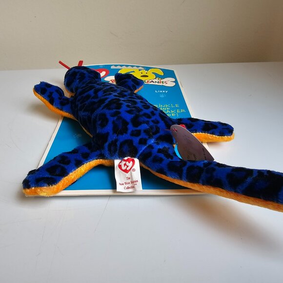 Ty Bow Wow Beanies Lizzy Lizard Dog Toy Crinkle Squeaker Blue Speckled NEW 2006 - Picture 5 of 5